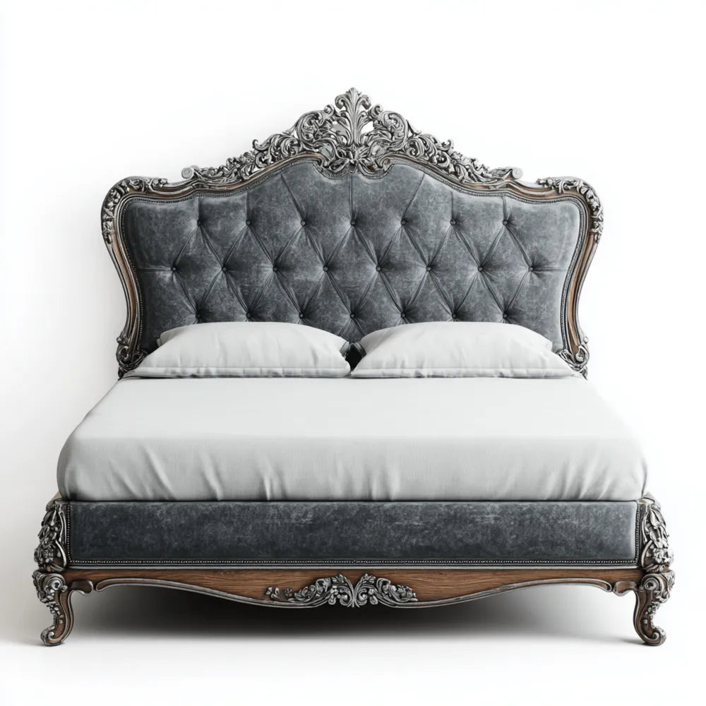 Vintage Style Double Bed Wood Frame Velvet Upholstered 200x150x120 cm - Dark Gray