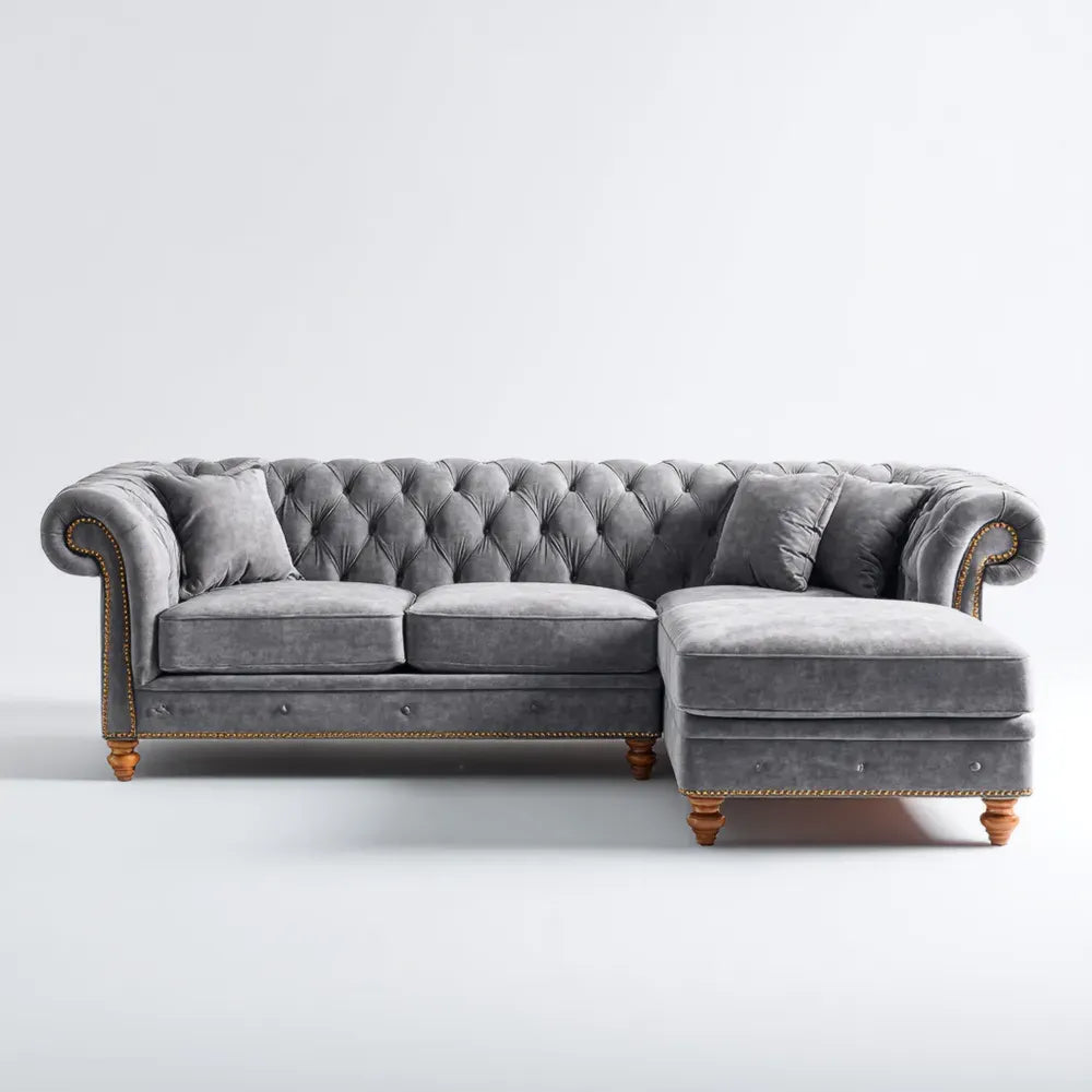 Sectional Sofa Velvet Upholstered 250x90x100 cm - Gray - Classic Design