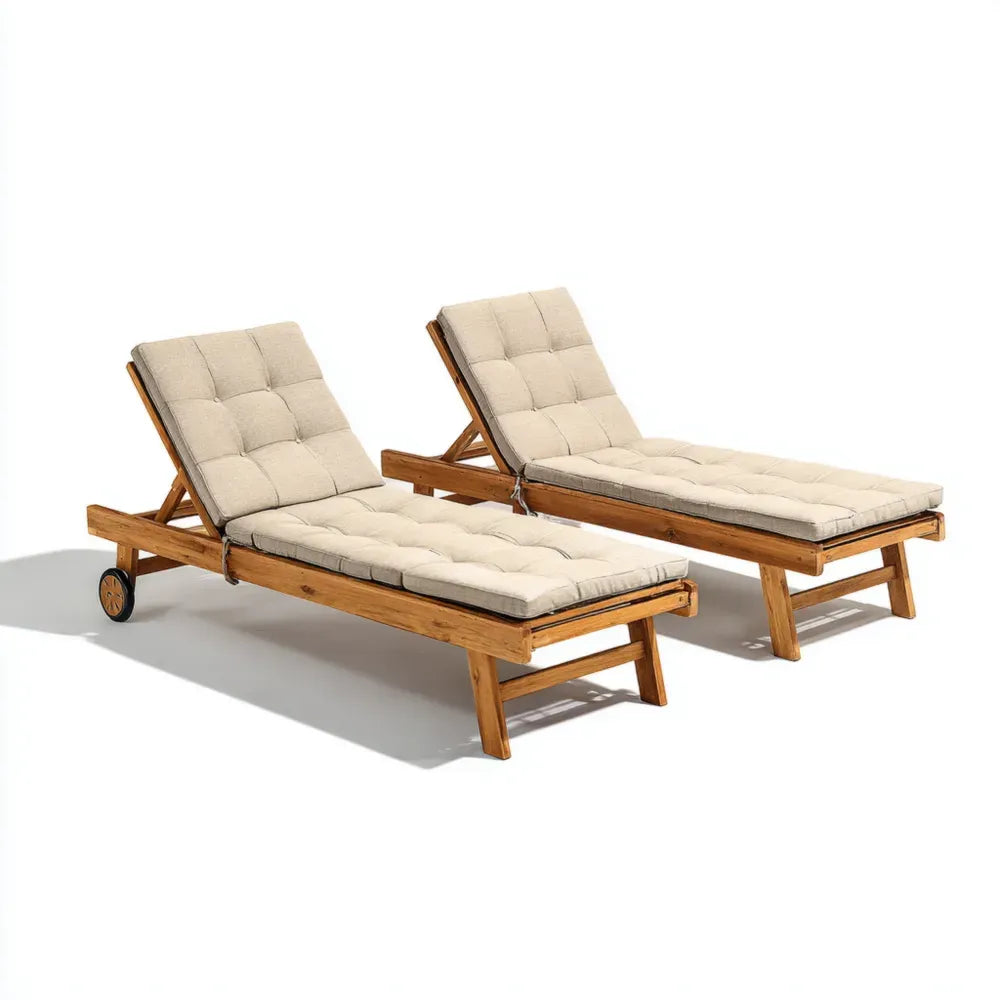 Outdoor Wooden Recliners with Cushions - 200x70x35 cm - Acacia Wood - Beige - Adjustable Backrest