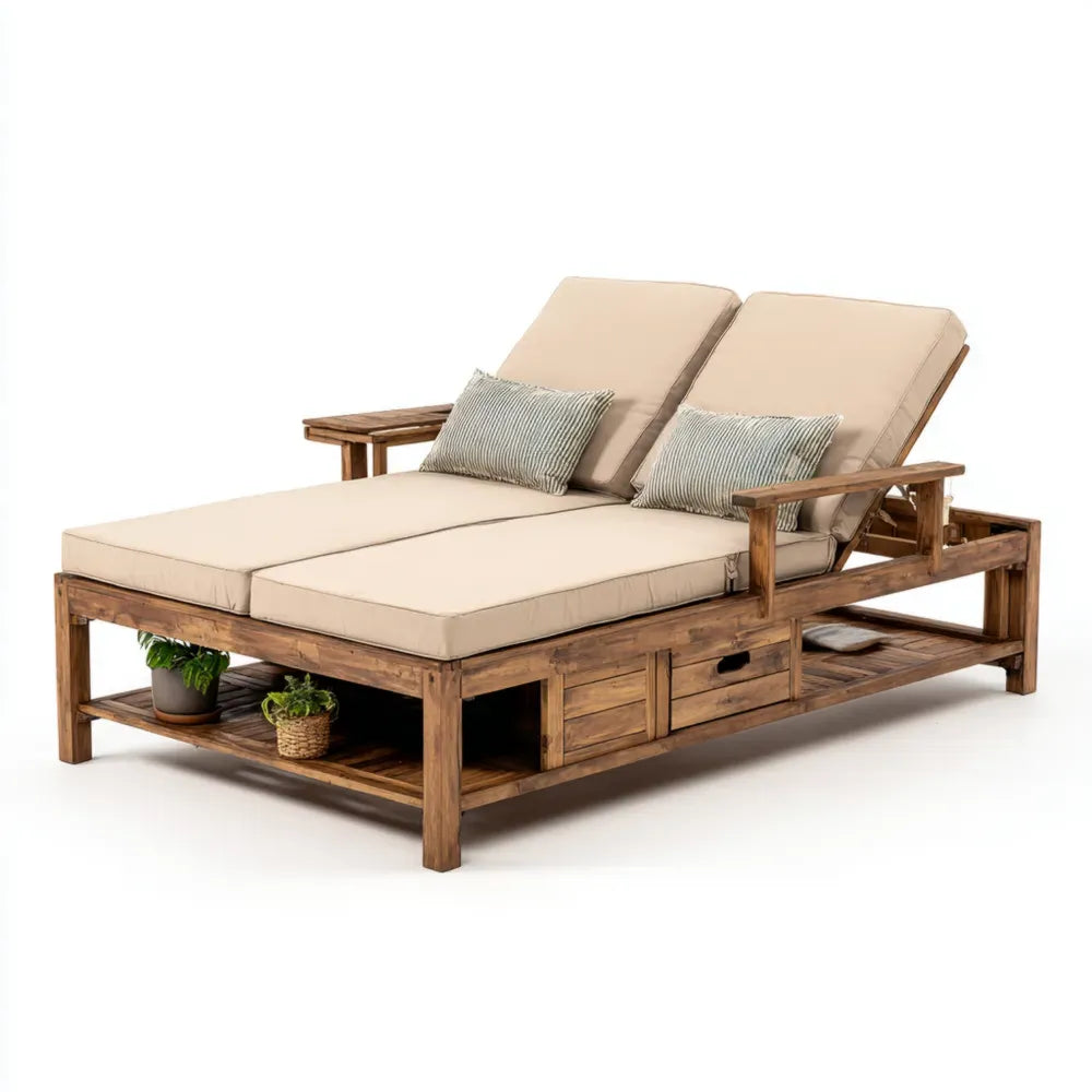 Patio Recliner Wooden Frame 200x140x90 cm – Beige Cushions – Adjustable Backrest