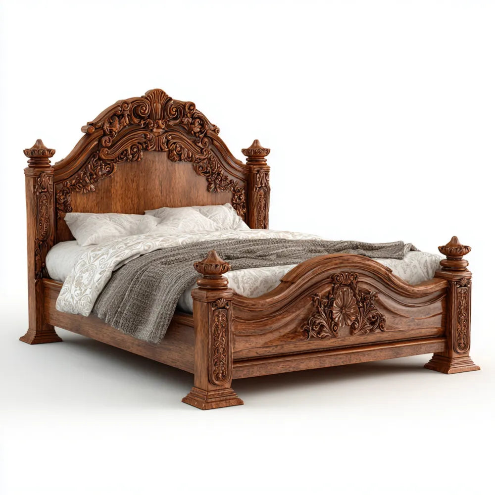 Ornate Wooden Double Bed 205x150x120 cm - Carved Design Traditional Style