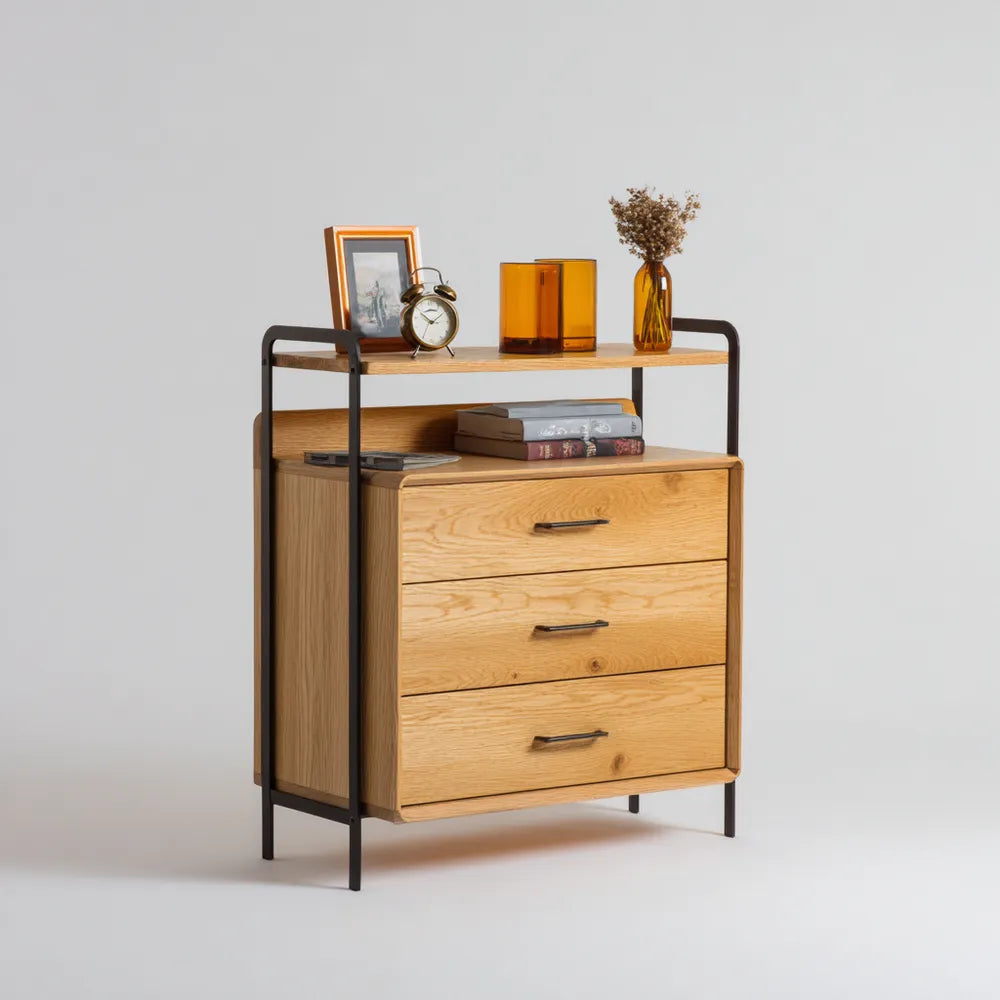 Wooden Chest of Drawers 80x40x120 cm - Natural Oak and Black - Industrial Style