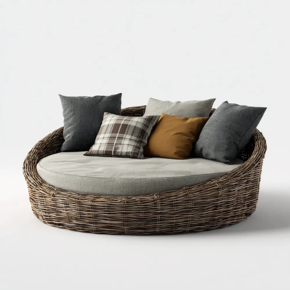 Round Wicker Patio Recliner 120x120x45 cm - Rattan Frame - Grey - Contemporary Design