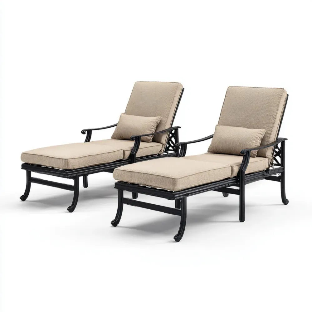 Patio Recliner Set 180x65x100 cm Metal Frame Beige Cushions - Outdoor Use