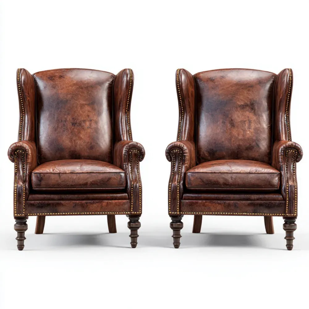 Wingback Chair Set of 2 - Genuine Leather 85x90x110 cm - Brown - Classic Design
